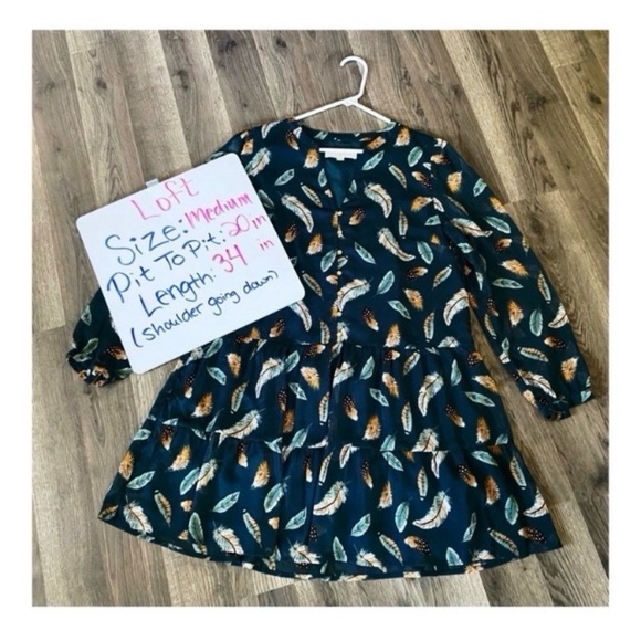 LOFT Teal Feather Print Babydoll Dress - Picture 9 of 10